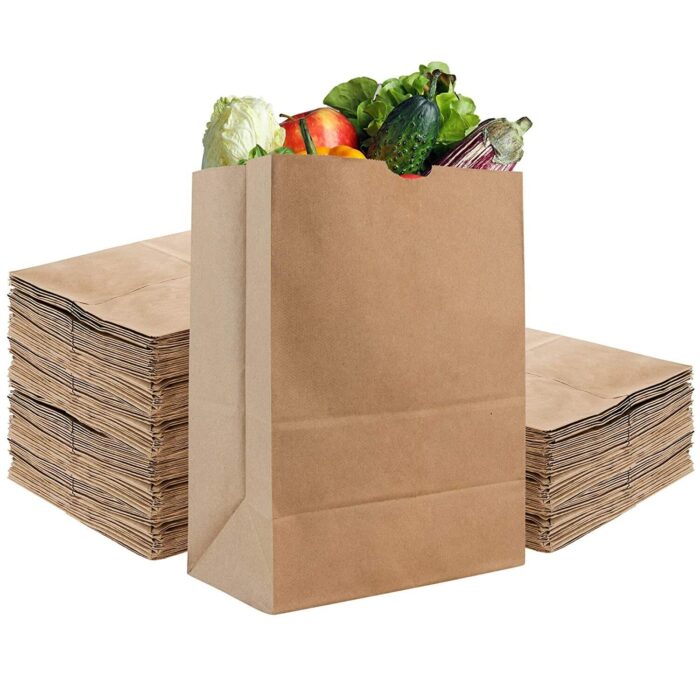 Eco Friendly Grocery Bags made in 100% Recycled Paper – Available in Kraft Brown, White and Custom Printed Options in several Size and bundle variations.